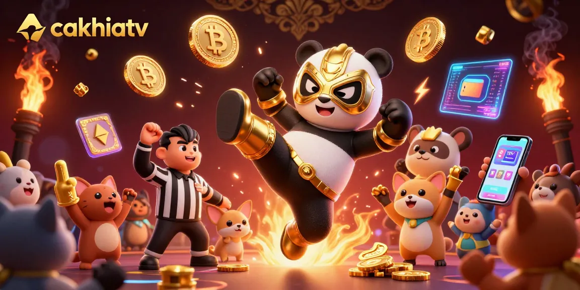 CakhiaTV engages viewers with a thrilling scene featuring a wrestling panda and animated animal fans.