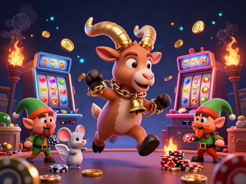 Experience situs slot excitement with a lively casino scene featuring a whimsical Krampus goat and adorable characters.
