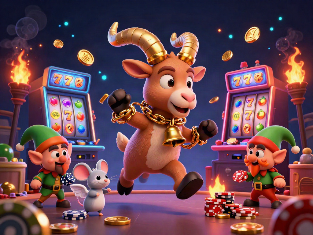 Experience situs slot excitement with a lively casino scene featuring a whimsical Krampus goat and adorable characters.