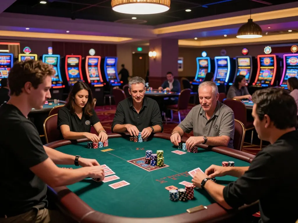 Experience excitement at https://casino555win.com/ with players enjoying poker and blackjack on a vibrant casino floor.