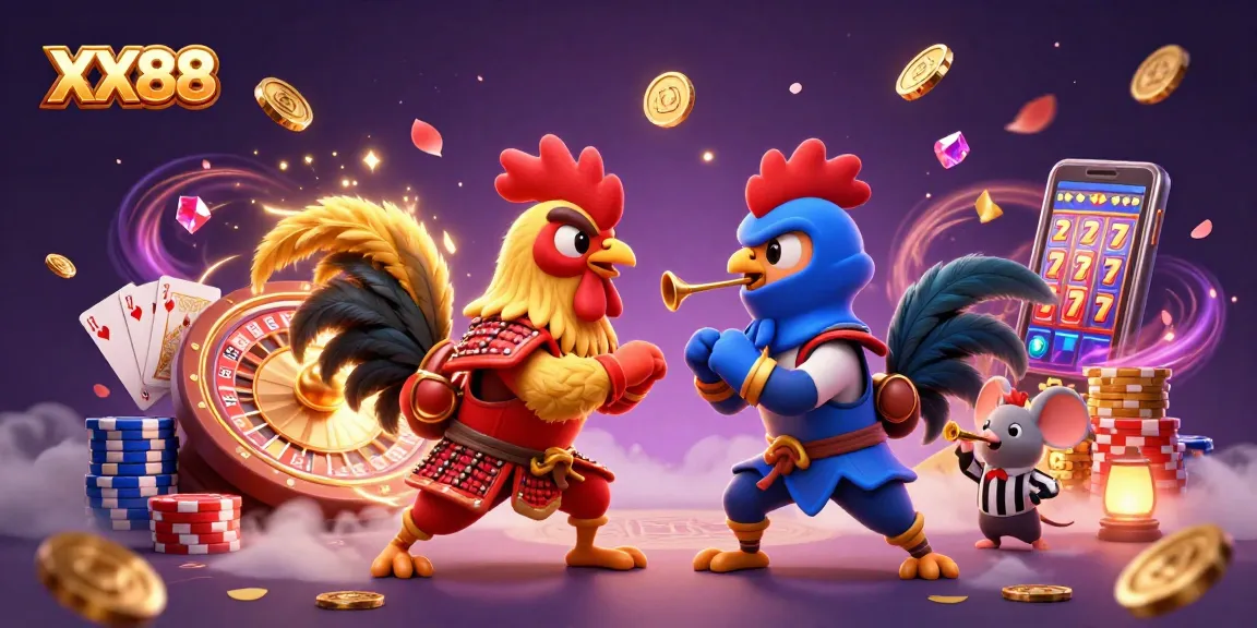 Experience thrilling action with XX88’s vibrant 3D fighting roosters battling amidst sparkling casino elements.
