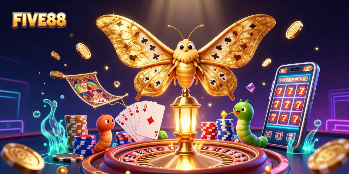 Experience the excitement of FIVE88 with a vibrant 3D casino scene featuring golden moths, chips, and spinning reels.