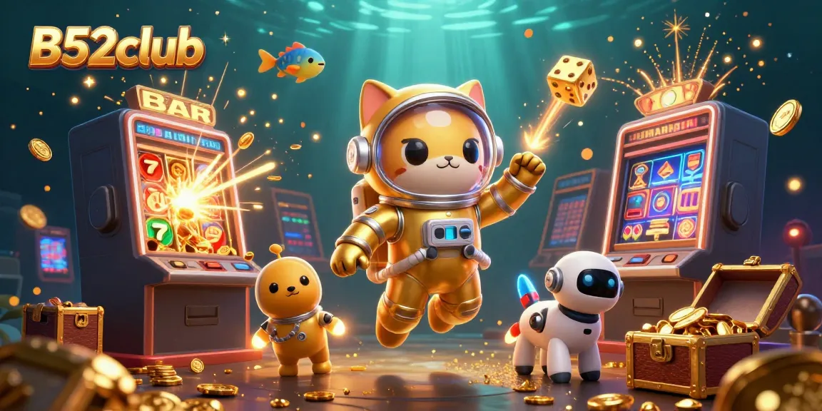 Engage with thrilling B52club slots as a cat astronaut navigates a jackpot explosion in a cosmic casino.