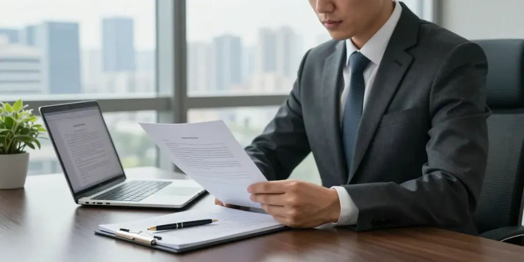 Lawyer reviewing case file in a professional office, highlighting https://f168.law/ legal consultation.