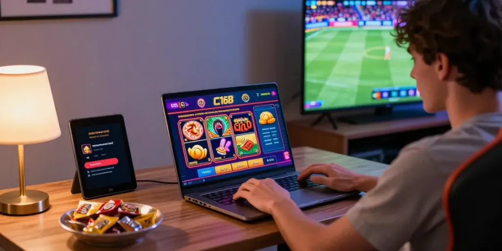 Excited gamer exploring C168's vibrant interface for online betting.
