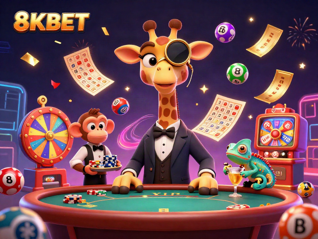 Experience the excitement of 8KBET with a lively casino scene featuring a giraffe and monkey in a vibrant environment.