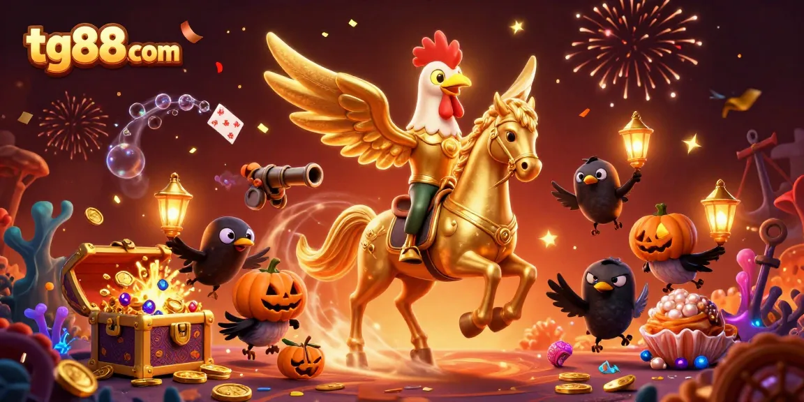 Engage in thrilling gameplay at tg88com with a vibrant casino scene featuring a golden rooster and treasures.