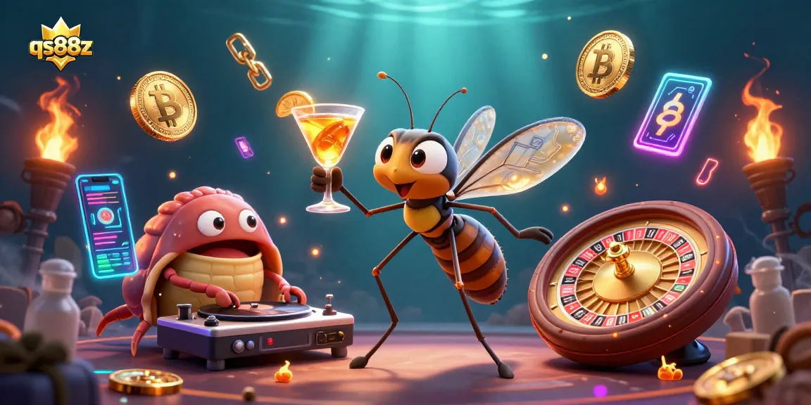 Engage with qs88z as the vibrant casino mascot comes alive amidst crypto symbols and dynamic animations.