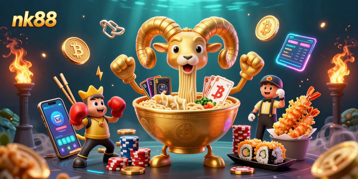 Engage with nk88's exciting casino games through a colorful illustrated scene featuring dynamic 3D characters.