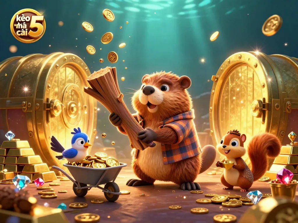 Betting with kèo nhà cái 5 features cartoon characters collecting gold coins and treasures