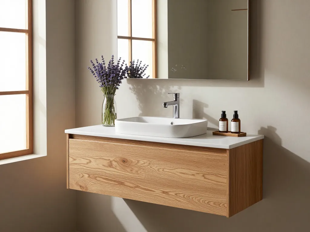Verbluffende eiken badkamermeubels in een chique badkamer met een natuurlijke eiken afwerking en stijlvolle decoratie-elementen.