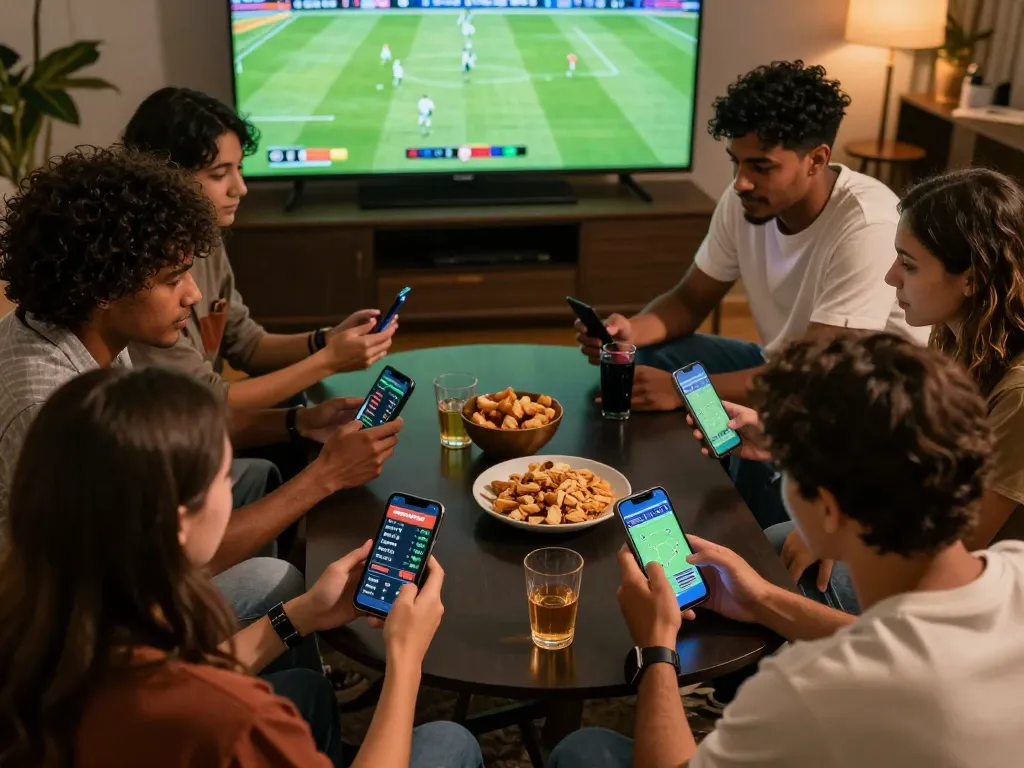 Friends engaging in live betting at home while enjoying the excitement of sports, exploring trang chủ jun88 for mobile gaming.