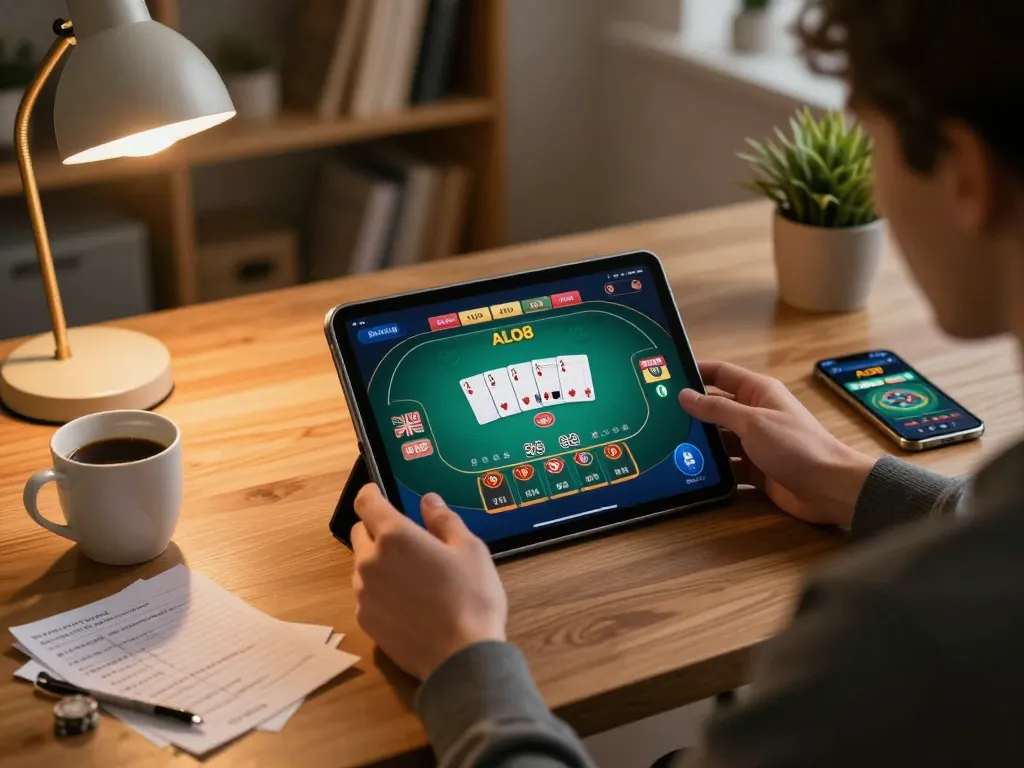 Engaging session on ALO8 shown where user plays poker on tablet while tracking strategy notes.