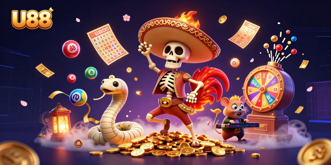 Join the excitement at U88 with a colorful dynamic casino scene featuring vibrant characters and game elements.