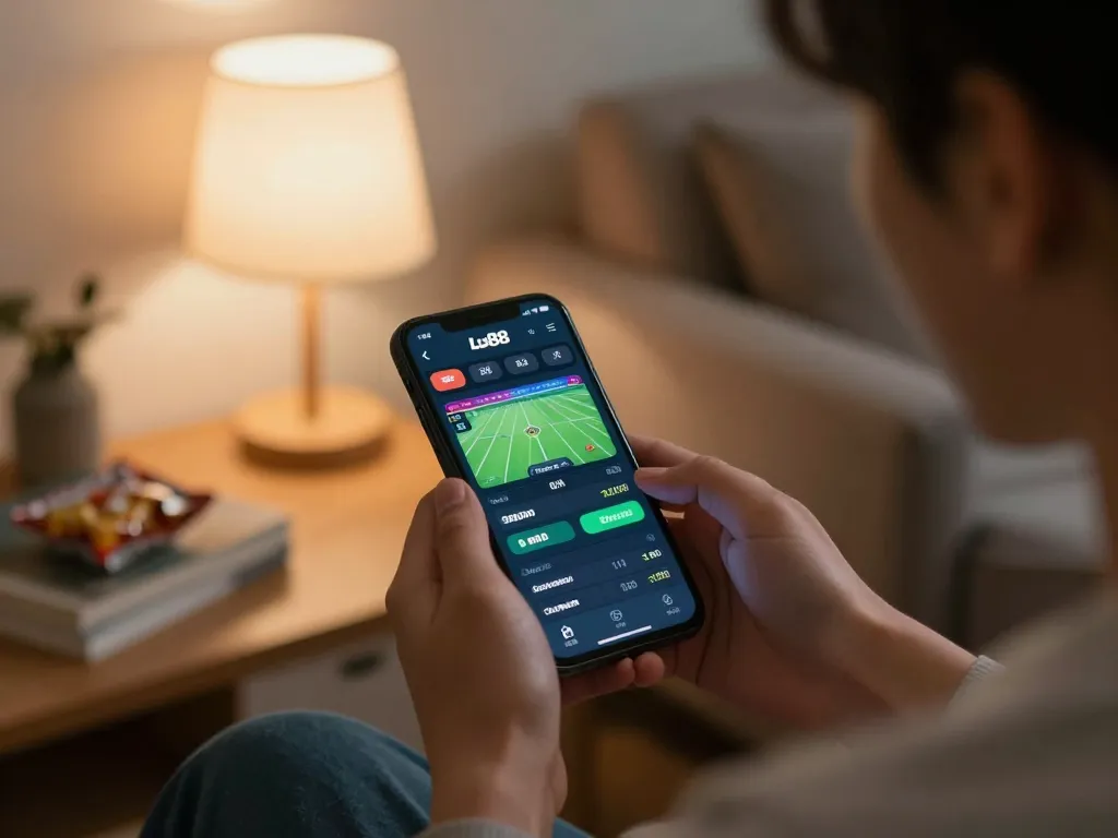 Login Lu88 on a smartphone screen while enjoying a cozy gaming session at home.