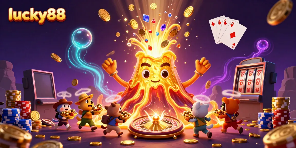 Experience the thrill of lucky88 with a cartoon volcano erupting treasures in a vibrant casino scene.