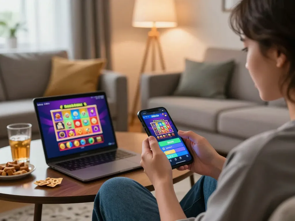 Mobile gaming experience with rikvip app on smartphone in a cozy home setup.