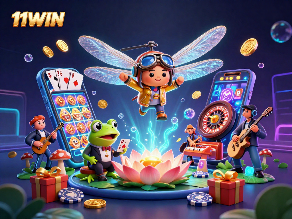Experience thrilling games at 11WIN with blackjack and colorful slot machines in a vibrant casino scene.
