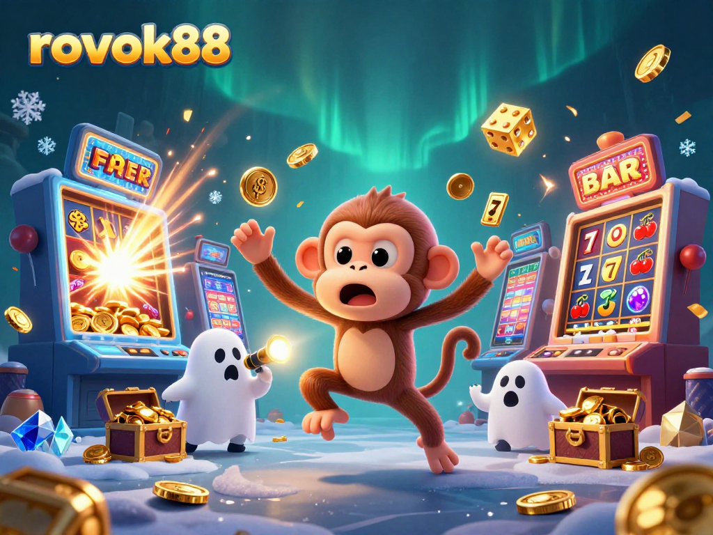 Experience rokok88 in a thrilling casino scene with a mischievous monkey and a curious puppy tracking a jackpot.