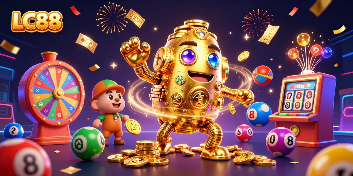 Experience thrilling rewards at LC88 with a lively golden golem and dynamic lottery elements.
