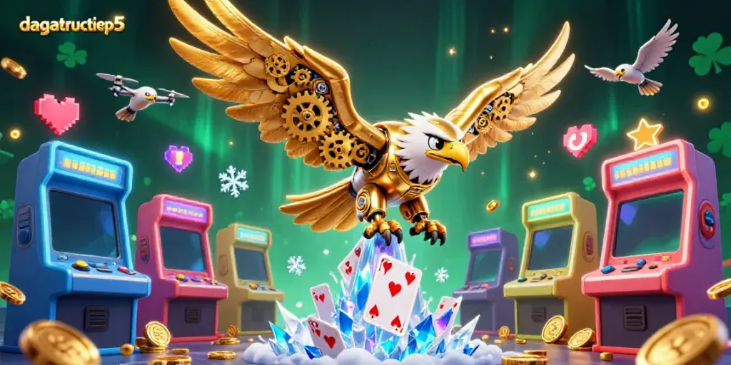 Experience the action of dagatructiep5 with a cybernetic eagle diving through holographic cards.