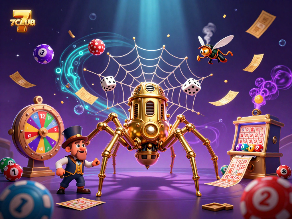 Experience thrilling gaming action at 7CLUB with a steampunk spider catching dice amidst colorful lottery elements.