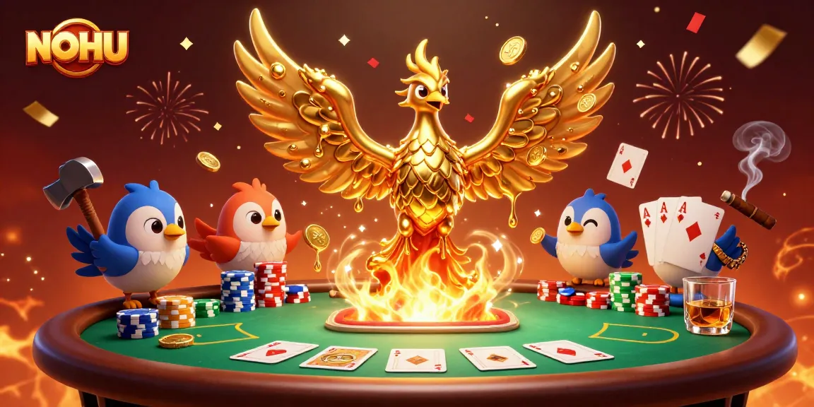 Experience thrilling NOHU gameplay with a molten phoenix and poker elements in a vibrant scene.