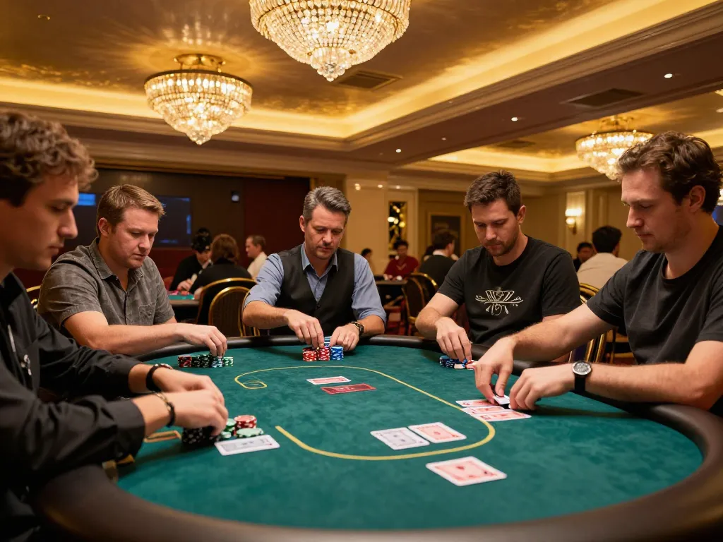 Players at CO88 engage in intense poker gameplay, showcasing strategy and lively atmosphere in the upscale casino.