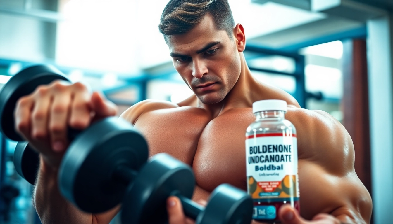 Boldobal Boldenone Undecanoate wordt gebruikt door een bodybuilder in een intense trainingssessie.