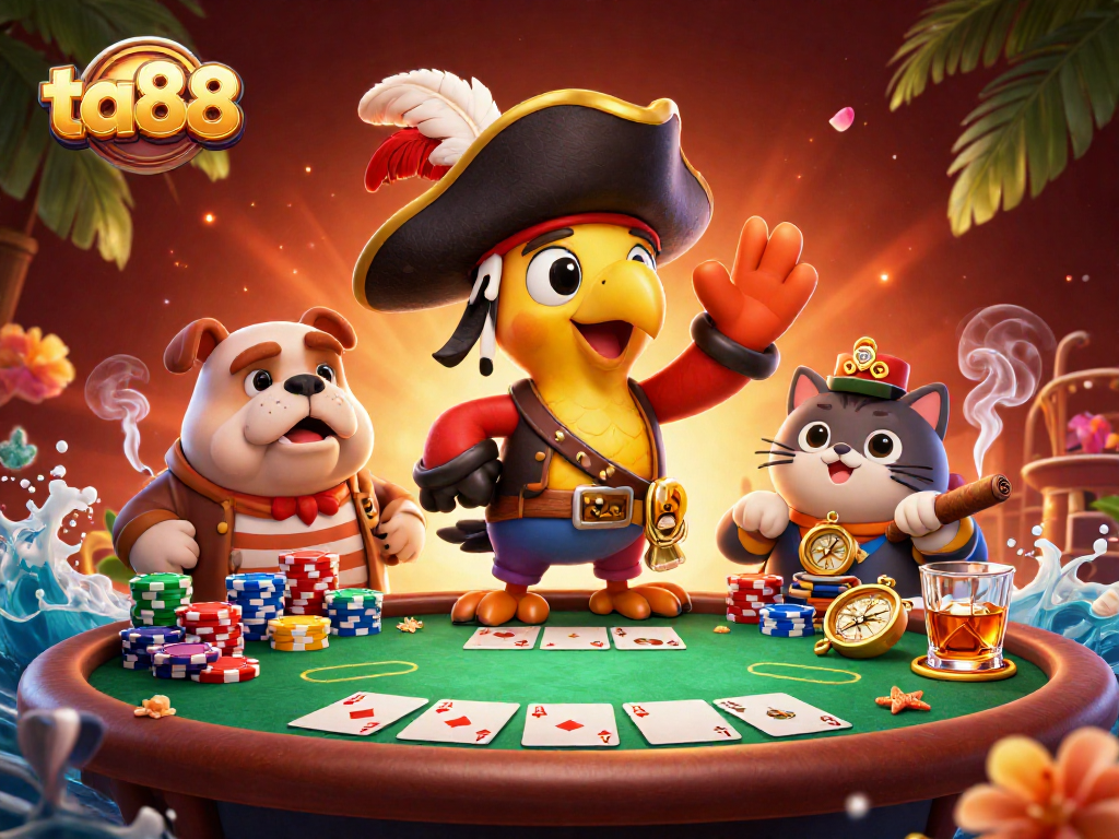 Engage in thrilling ta88 card action with pirates and poker elements in a vibrant scene.