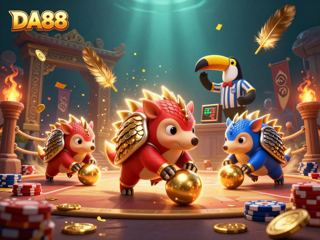 Experience thrilling gameplay with DA88, as rival pangolins compete amidst poker chips and golden scales.