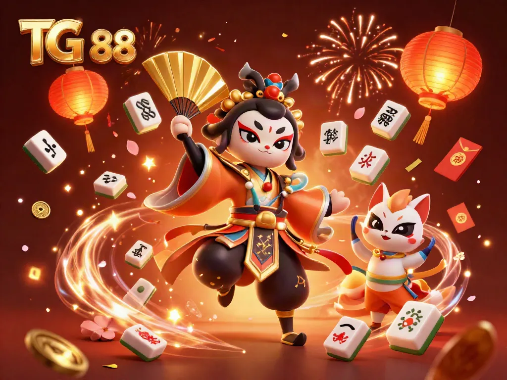Experience the excitement of TG 88's vibrant casino scene filled with dynamic characters and golden mahjong tiles.