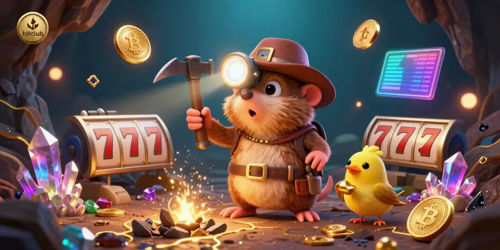 Join the treasure hunter mole at hitclub's vibrant jackpot scene, capturing the excitement of online gambling.