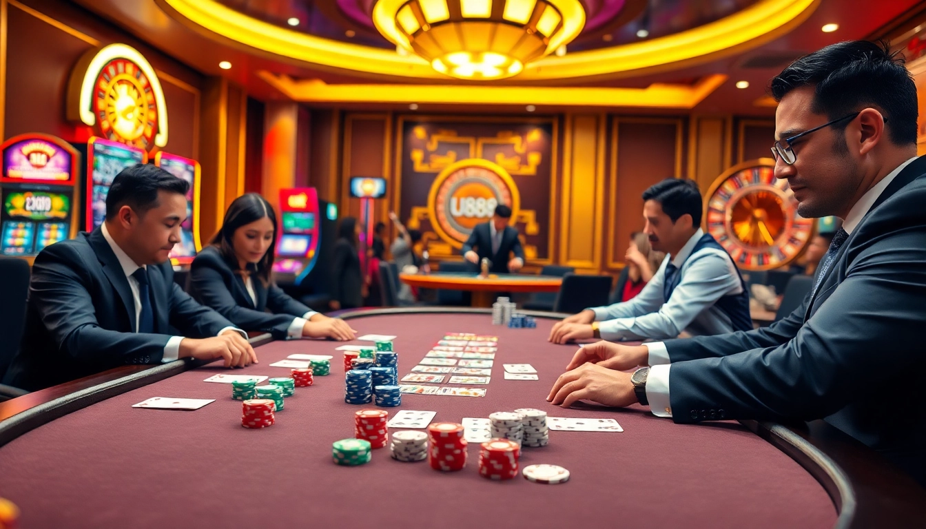 Experience the excitement of U888 at a professional poker table filled with vibrant casino elements.