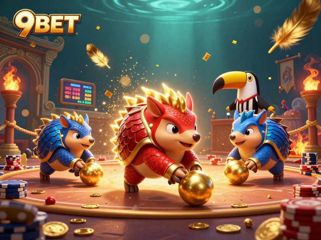 Experience thrilling gambling at 9BET with vibrant pangolins and a dynamic casino setting.