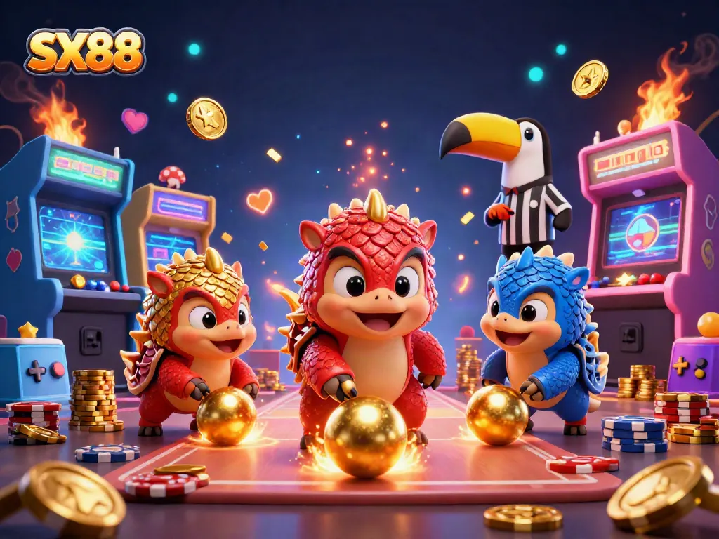 SX88 pangolins battling with golden balls amidst poker chips in vibrant casino arcade world