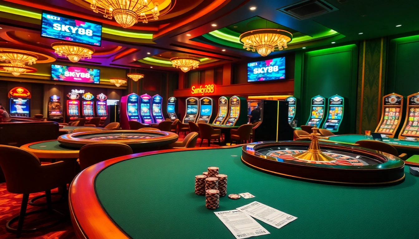 Engaging scene depicting the luxury gaming experience at SKY88 casino, featuring poker tables and vibrant slot machines.