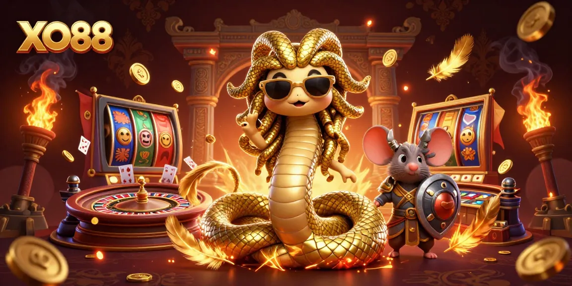 Experience the excitement of live gaming at XO88 with dynamic Medusa and a warrior mouse amidst vibrant casino elements.