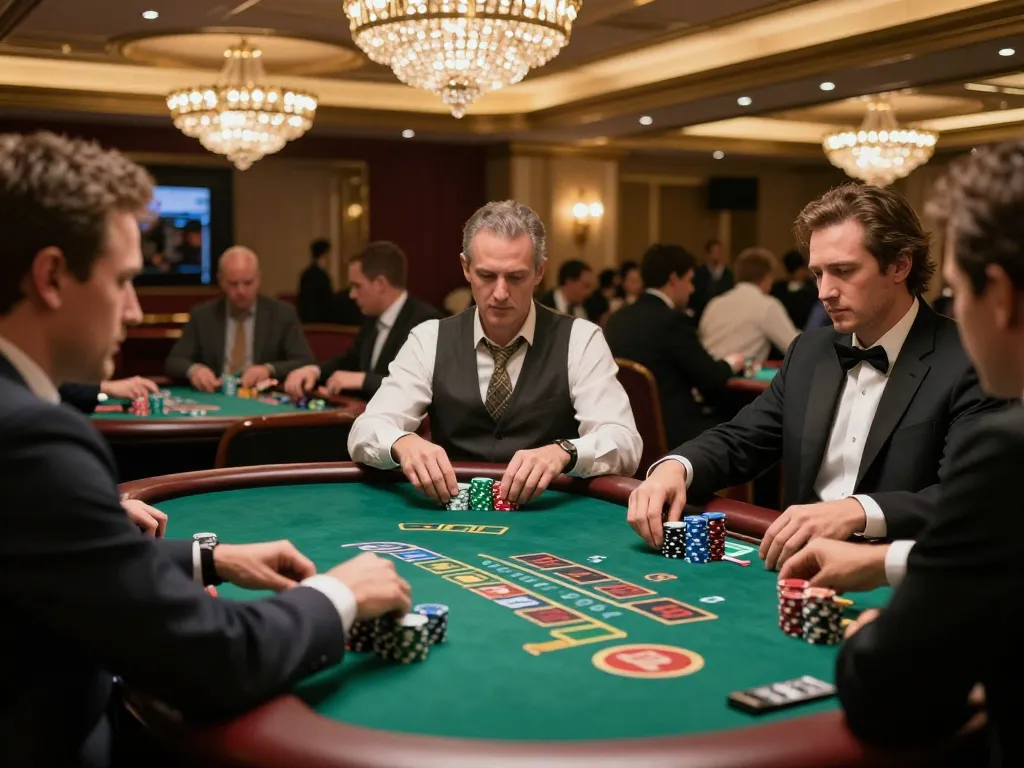 Players engage in an exciting game of blackjack at O8 casino with stacked chips and a vibrant atmosphere.
