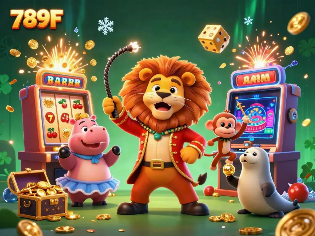 Experience thrilling gaming at 789F with a circus of animated characters celebrating wins in a dynamic casino scene.