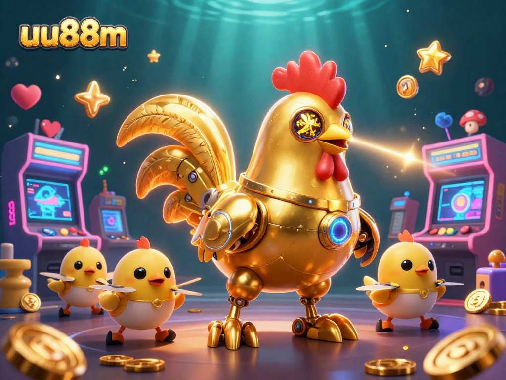 Experience the excitement of uu88m with a vibrant 3D casino scene featuring a golden robot and arcade games.
