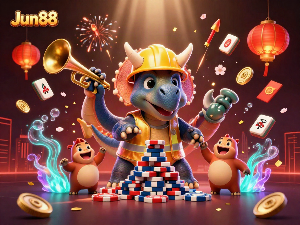 Engage with Jun88's vibrant casino world, featuring a triceratops building poker chips amidst colorful celebrations.