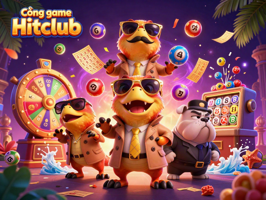 Cổng game Hitclub reveals a whimsical scene with playful raptors in disguise entering a VIP lounge, showcasing vibrant gambling elements.