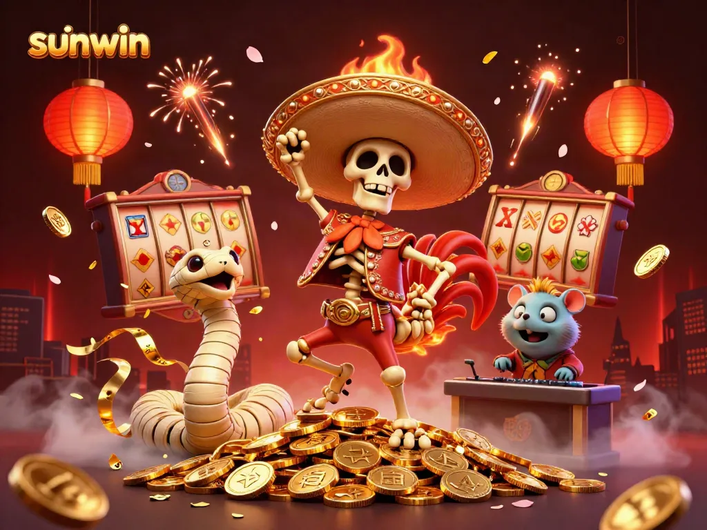 Experience excitement at sunwin with a 3D cartoon scene of characters celebrating on a pile of winnings.