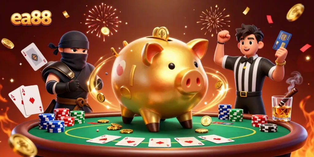 Experience exciting wins with ea88's lively 3D casino illustration featuring epic gaming characters.