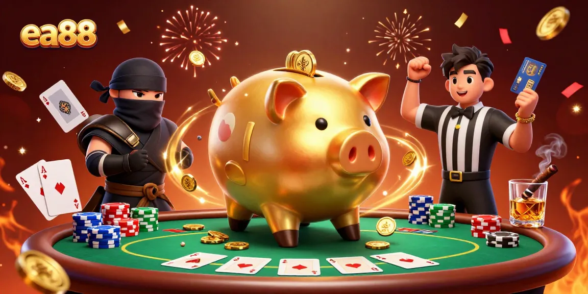 Experience exciting wins with ea88's lively 3D casino illustration featuring epic gaming characters.