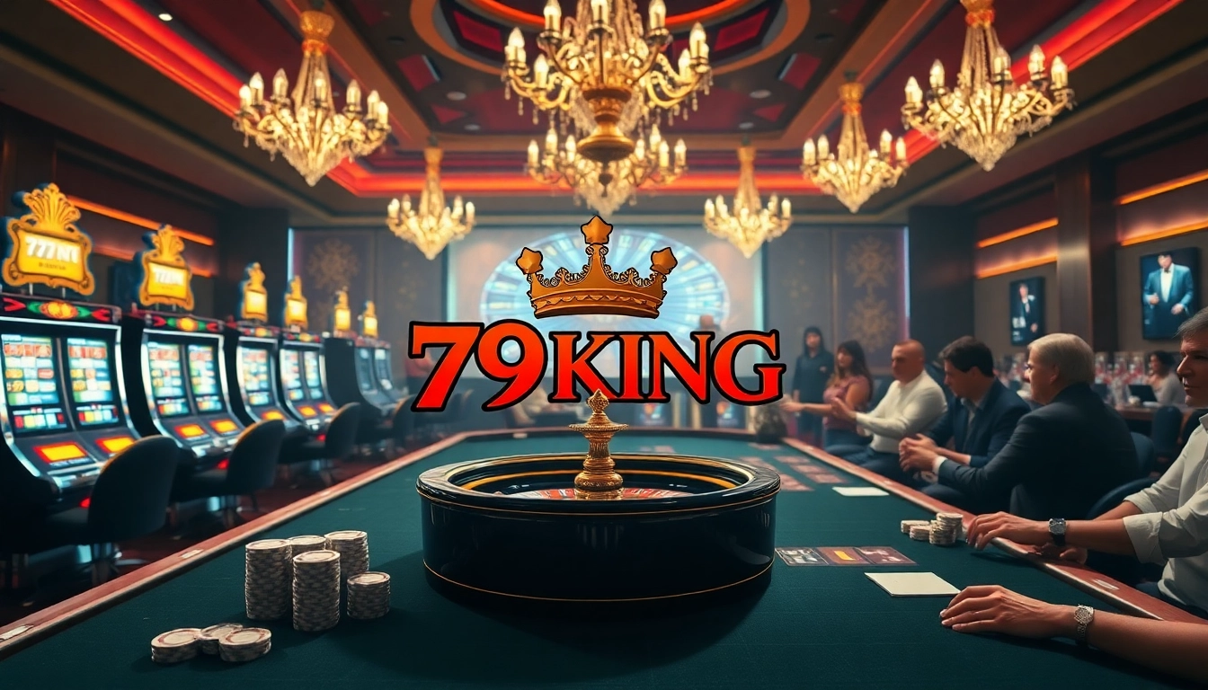 Players enjoying the excitement of gambling at 79KING casino tables with vibrant slot machines.