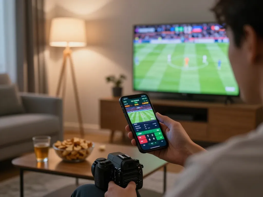 Engaging with kèo nhà cái on smartphone during live sports betting at home.