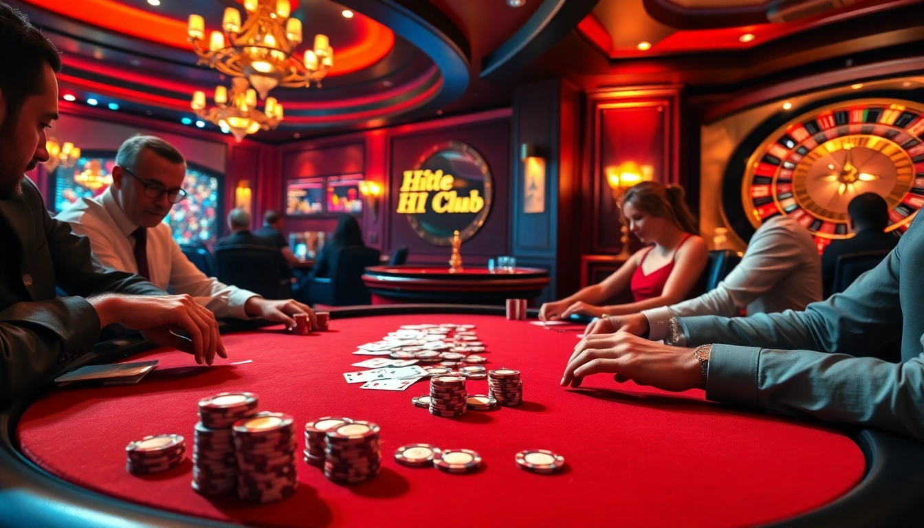 Hitclub poker table scene with vibrant chips and excited players, highlighting a thrilling casino experience.