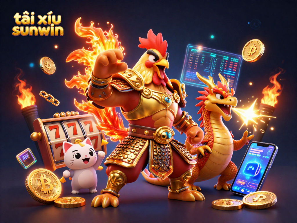 Engage with tài xỉu sunwin in this vibrant 3D illustration featuring elite characters and dynamic casino elements.